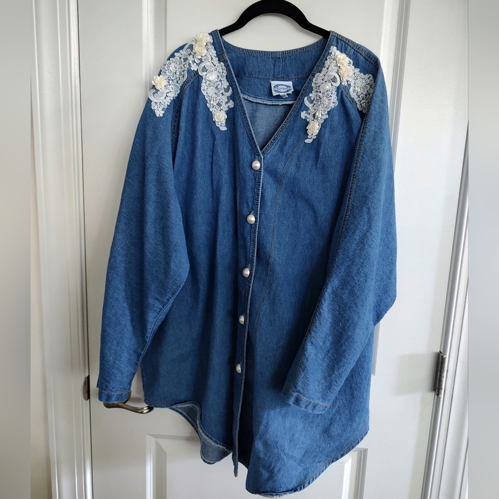 Blue Denim Jean Jacket with ImitaionPearl Buttons And Lace Accents. 3x